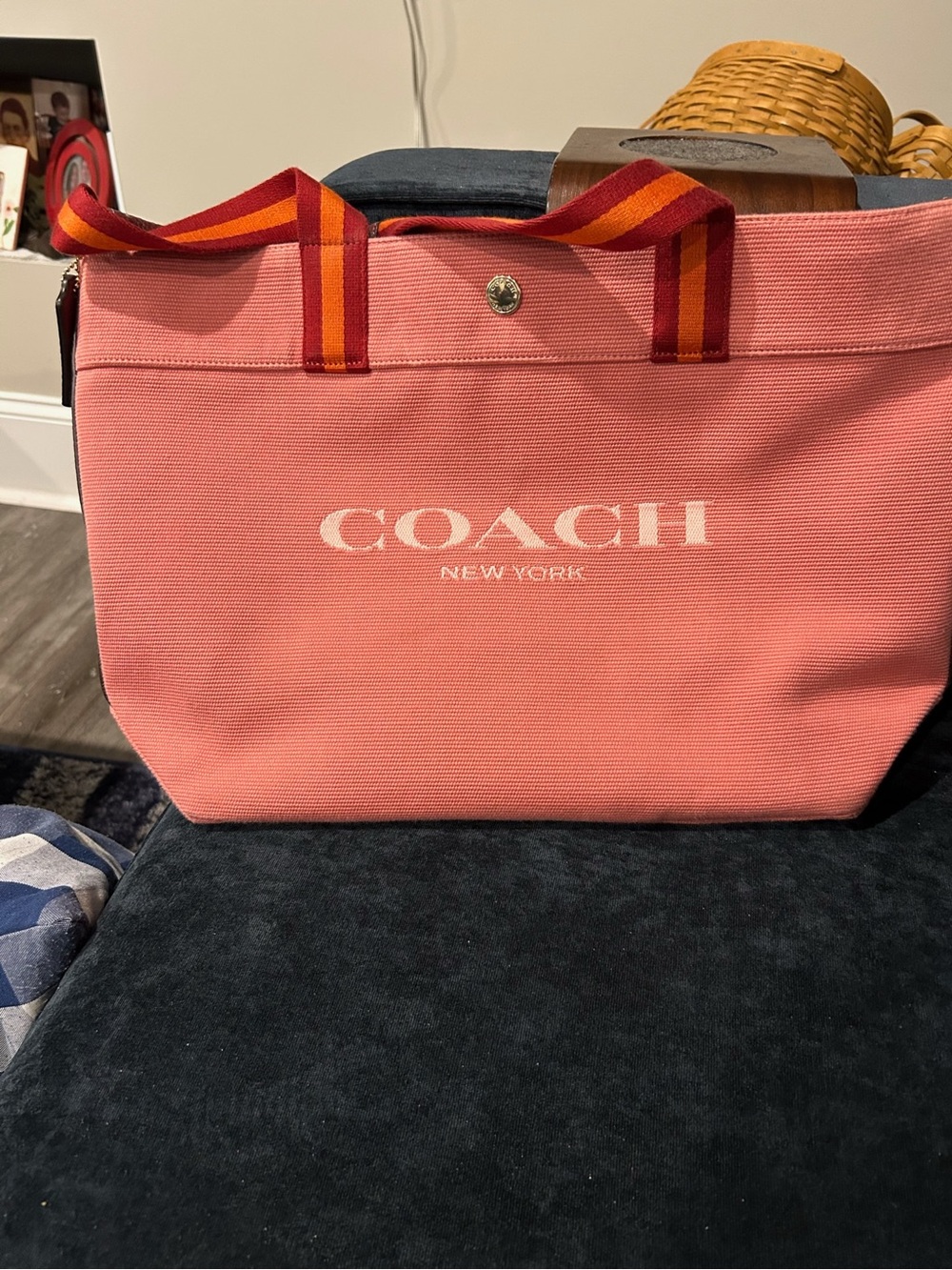 Coach Coral Canvas Tote with Red-Orange Stripe Handles